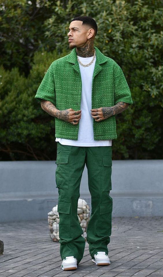 Green short-sleeve jacket over white tee, green cargo pants